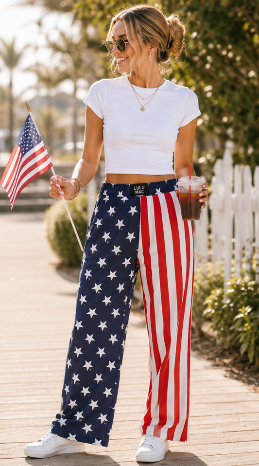 Woman wearing American flag pants in various settings
