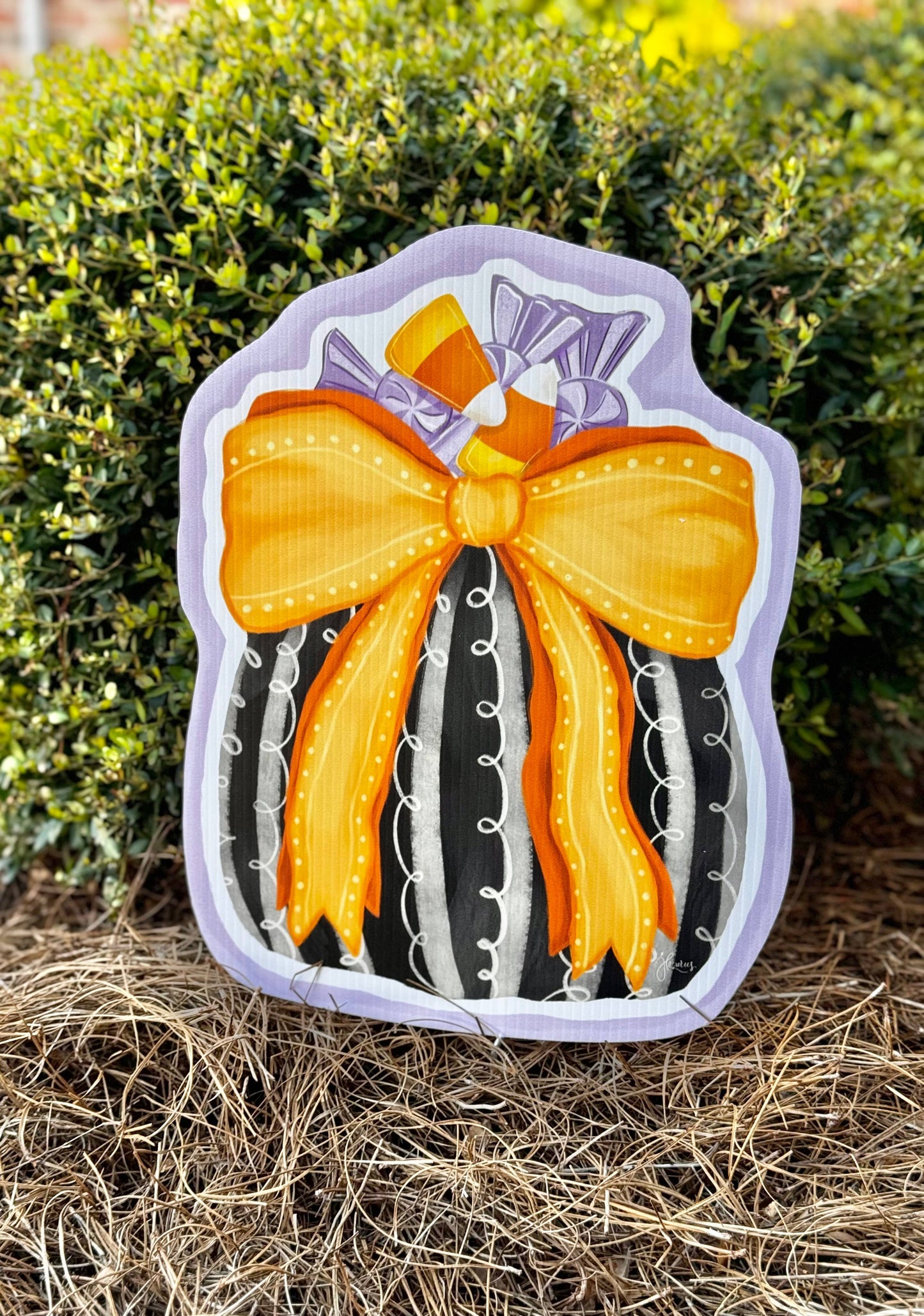 Black Halloween Pumpkin with Orange Bow Yard Art