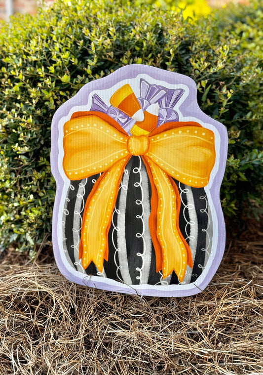 Black Halloween Pumpkin with Orange Bow Yard Art
