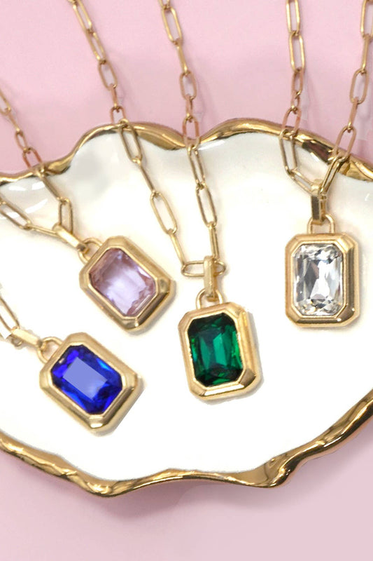 18K Gold Stainless Steel Emerald-Cut Pendant Necklace