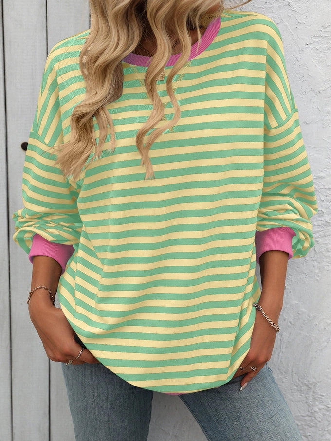 Color Striped Crew Neck Loose Sweatshirt