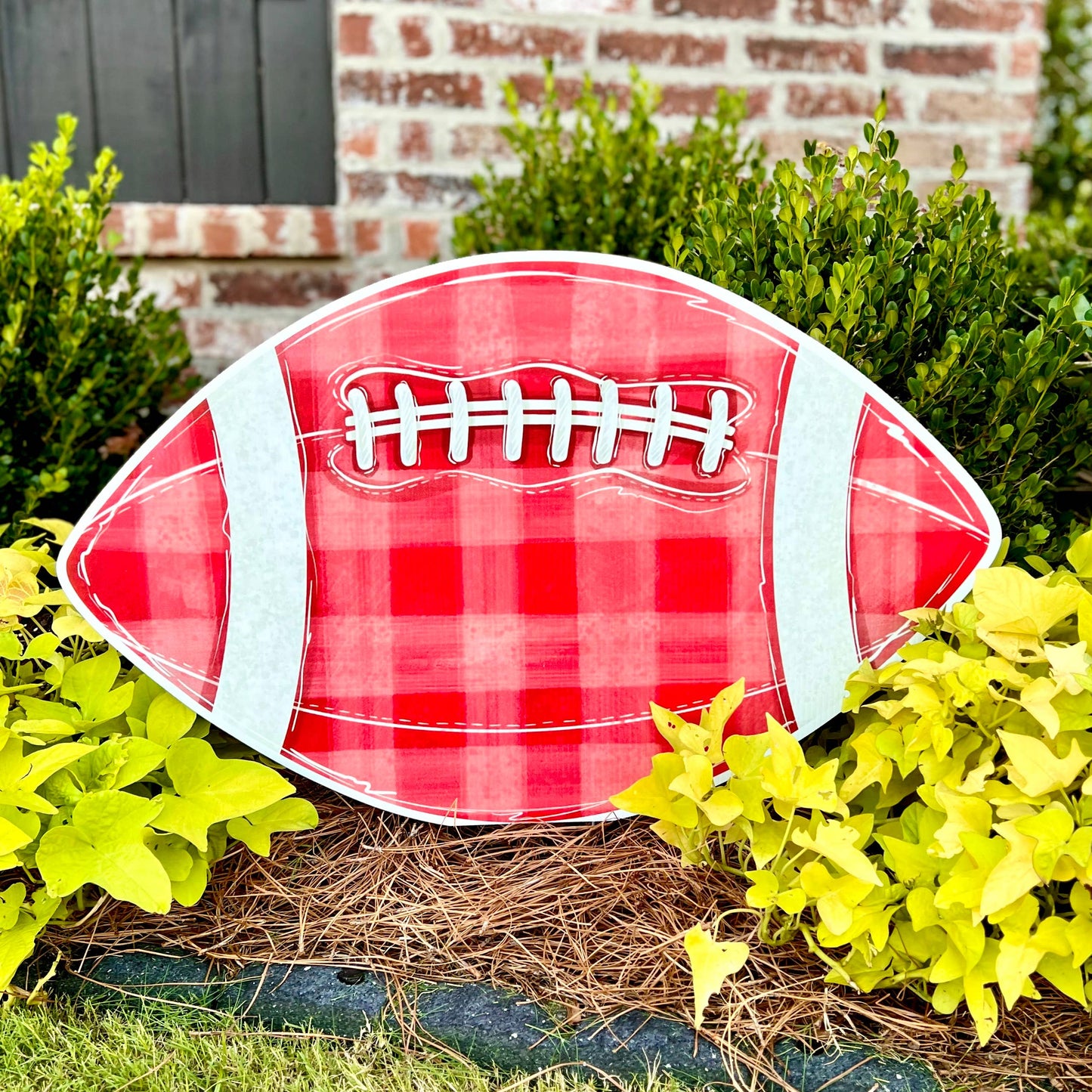 Red Gingham Football Garden Stake