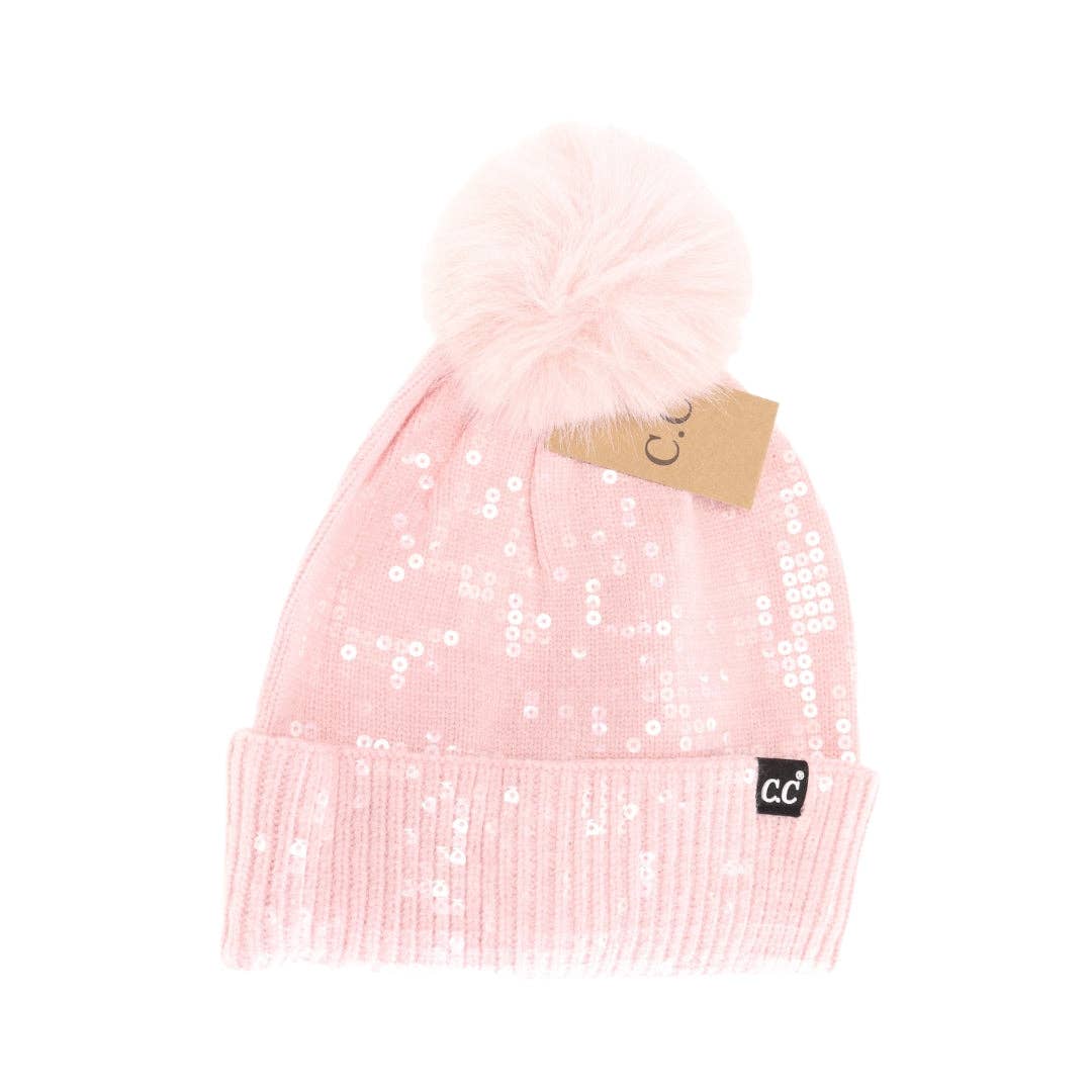 C.C Allover Clear Sequin Faux Fur Pom Beanie