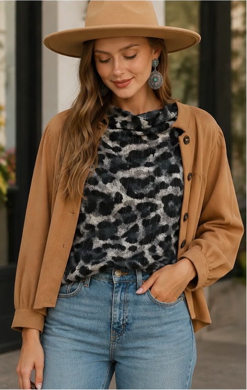 A three-panel collage showing a woman modeling a sleeveless leopard-print top. The top has a high ruffled collar and button placket, with a black and gray animal pattern.