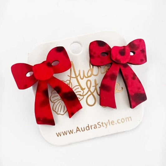 Red Bow Stud Splatter Fall Christmas Statement Earring