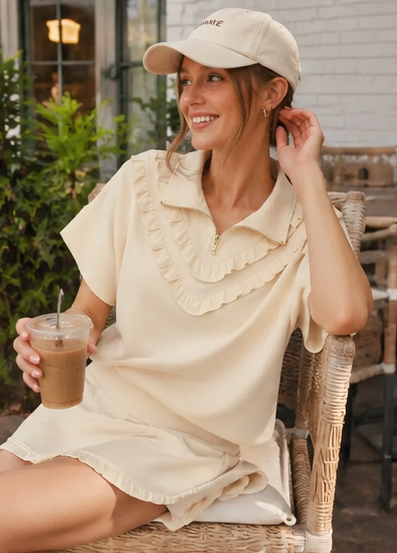 Woman wearing a cream-colored outfit in various outdoor settings.