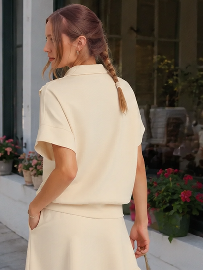 Woman wearing a cream-colored outfit in various outdoor settings.
