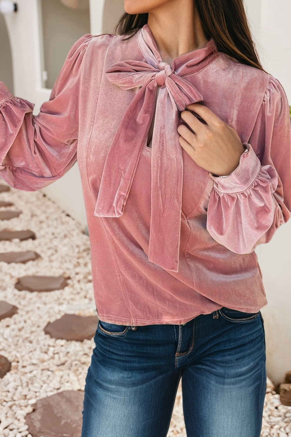 Pink Velvet Ribbon Bow Knot Long Sleeve Blouse