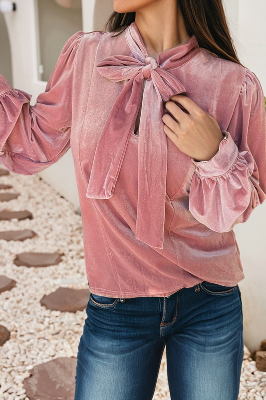 Pink Velvet Ribbon Bow Knot Long Sleeve Blouse