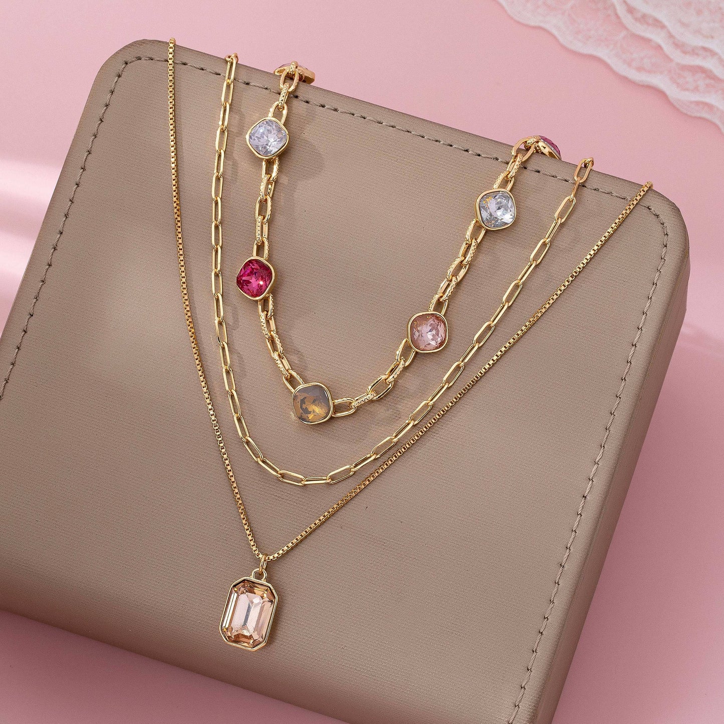 Gold Multi-Layer Oval Stone Necklace