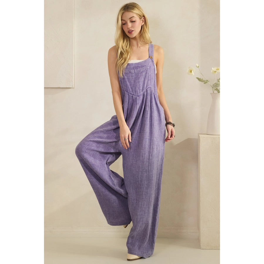 Lavender Crinkle Gauze Wide Leg Overalls
