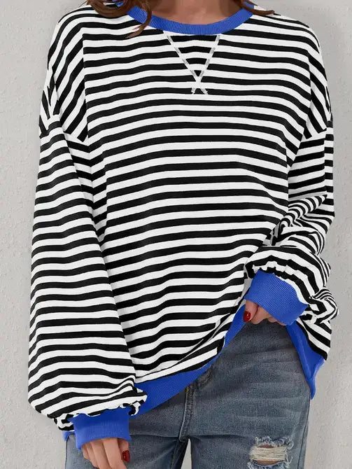 Trendy Oversized Striped Sweatshirt with Bold Trim