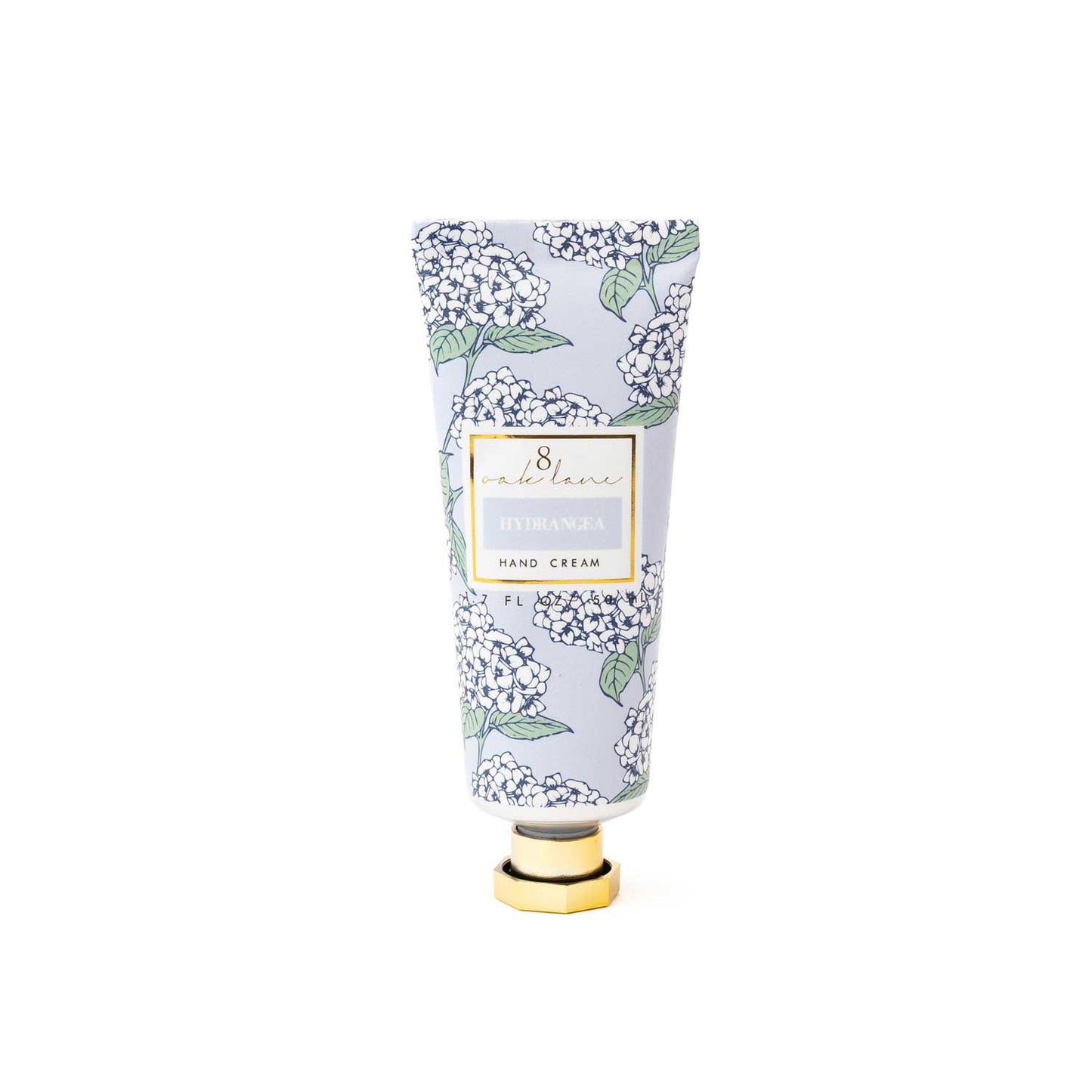 hydrangea scented hand cream tube with blue floral design packaging