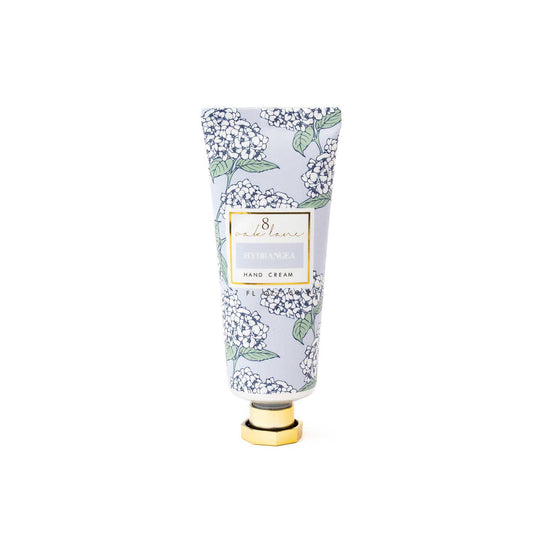 hydrangea scented hand cream tube with blue floral design packaging