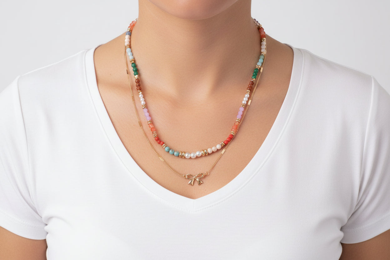 Multi Beaded Double Layer Bow Necklace