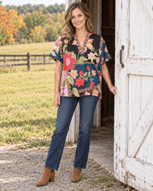 Umgee Boho Floral Patchwork V-Neck Top