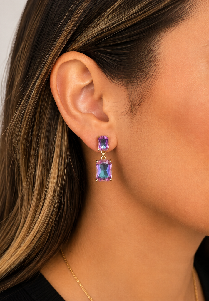 Aurora iridescent statement drop earrings shown on model