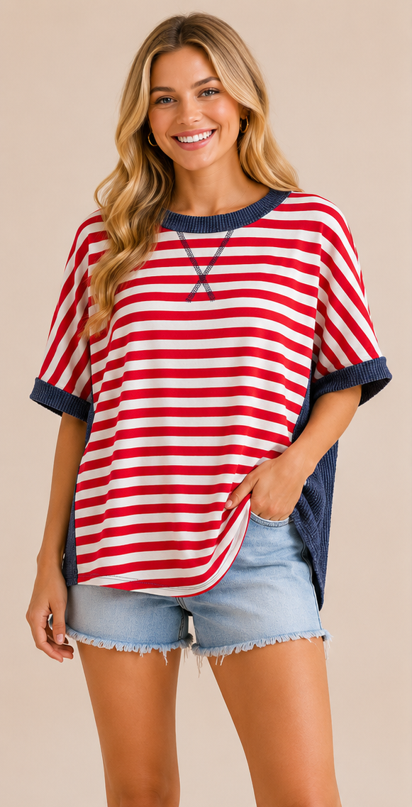 Woman wearing a red and white striped top with blue accents, shown from multiple angles.