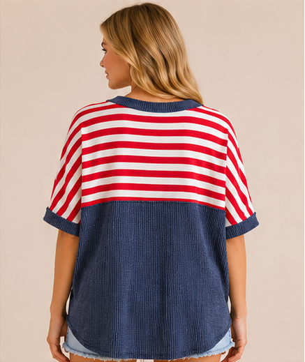 Woman wearing a red and white striped top with blue accents, shown from multiple angles.