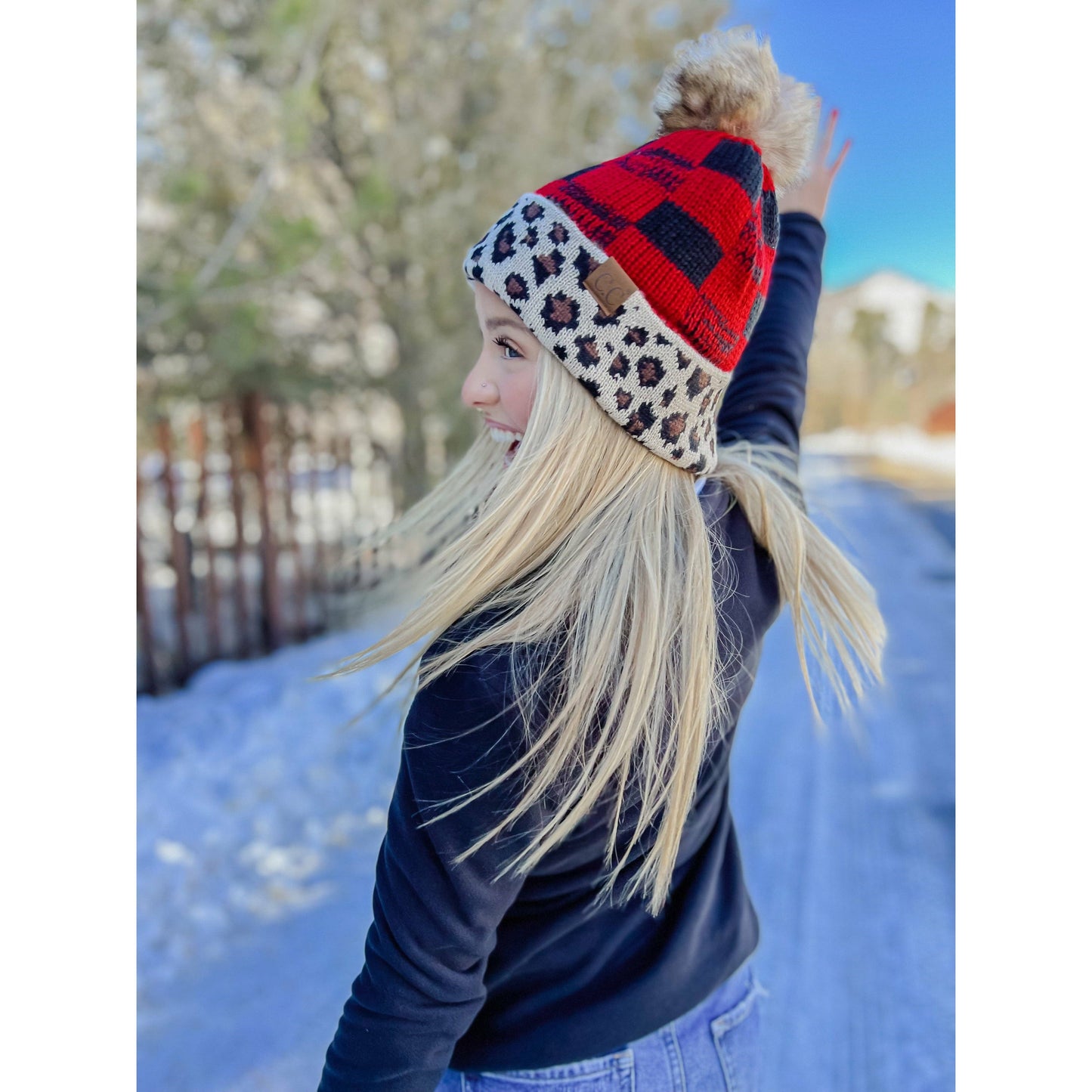 C.C Leopard/Buffalo Mixed Print Fur Pom C.C Beanie