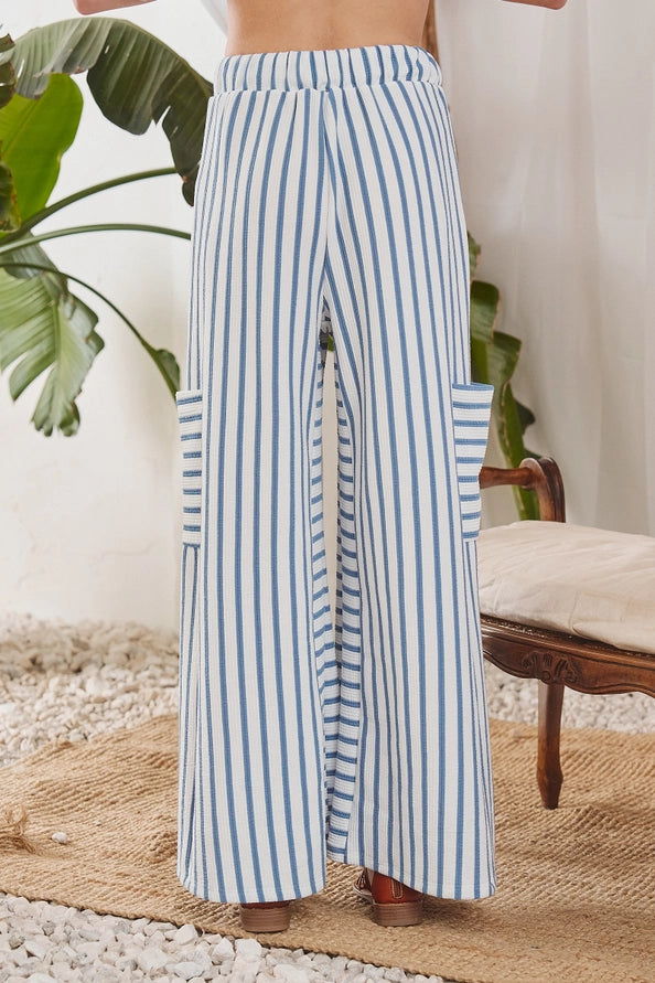 Striped wide-leg pants in indigo/cream, back view