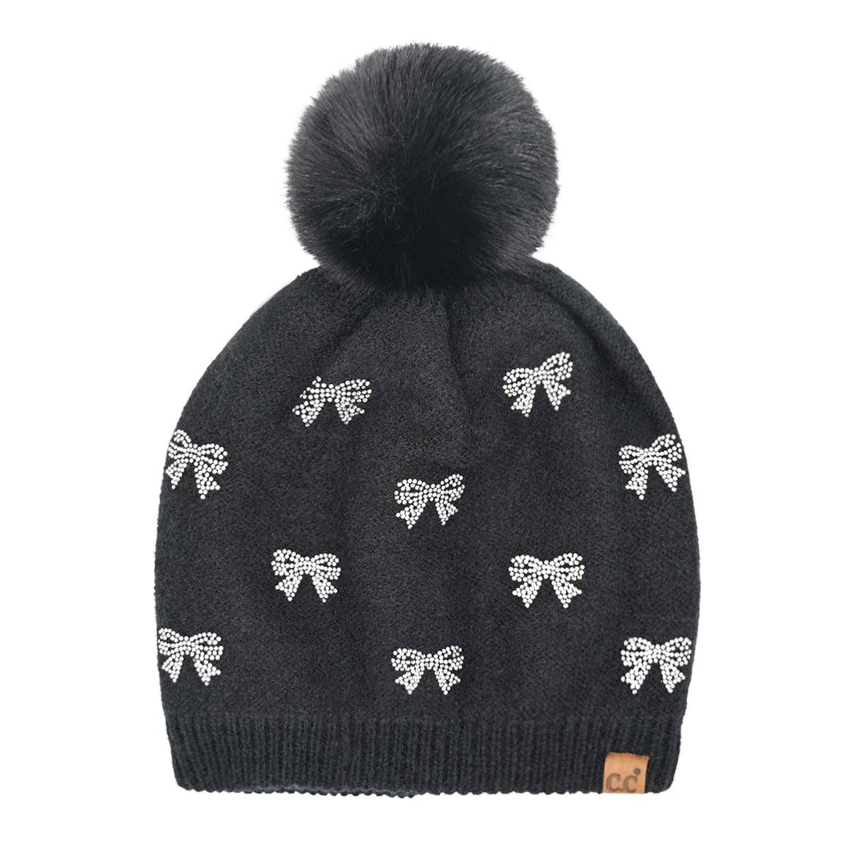 Allover Mini Rhinestone Bow C.C Faux Fur Pom Beanie