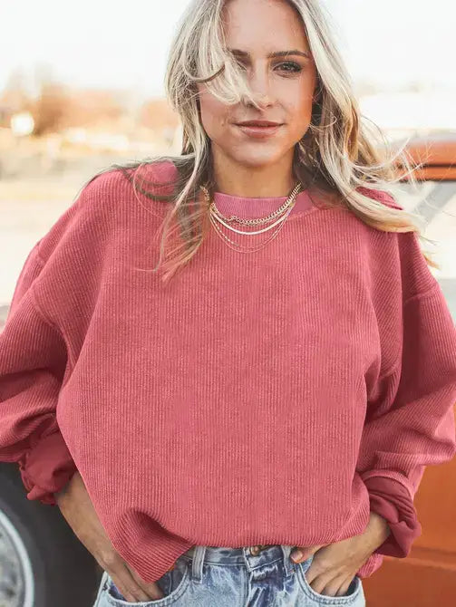 Long Sleeve Ribbed Corded Oversized Sweatshirt