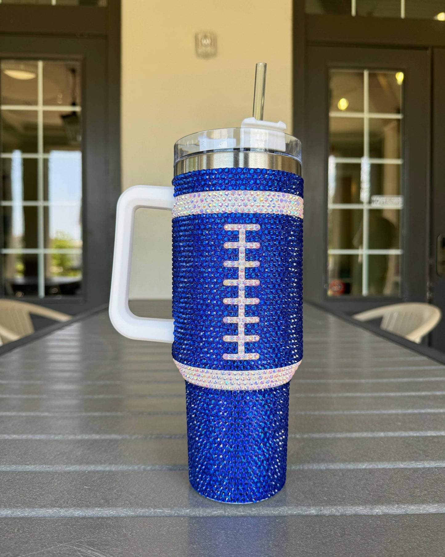 Blue Rhinestone Football 40 Oz. Tumbler