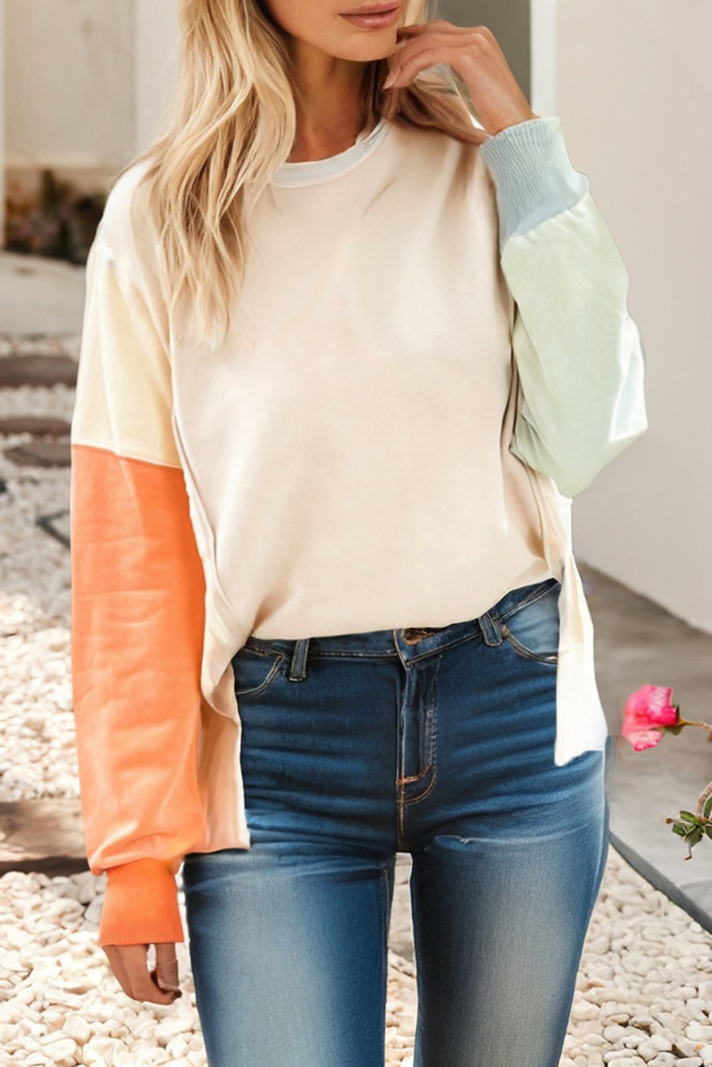 Color Block Patchwork Split Hem Casual Sweatshirt