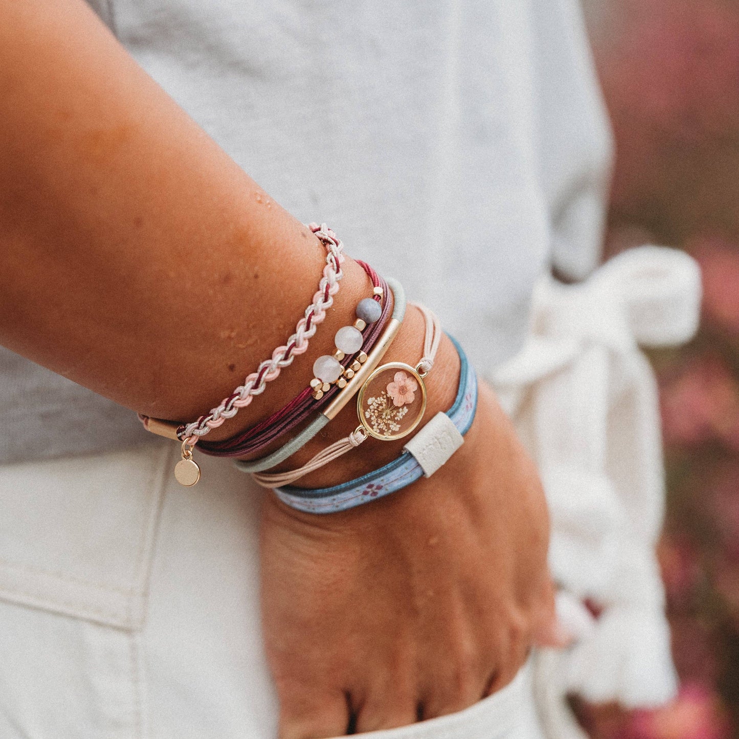 K’Lani Bloom Maroon and Pink with Pressed Flowers Hair Tie Bracelets