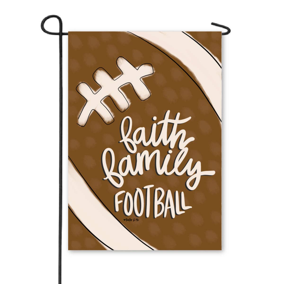 Decorative flag with football design and 'Faith Family Football' text on a brown background.