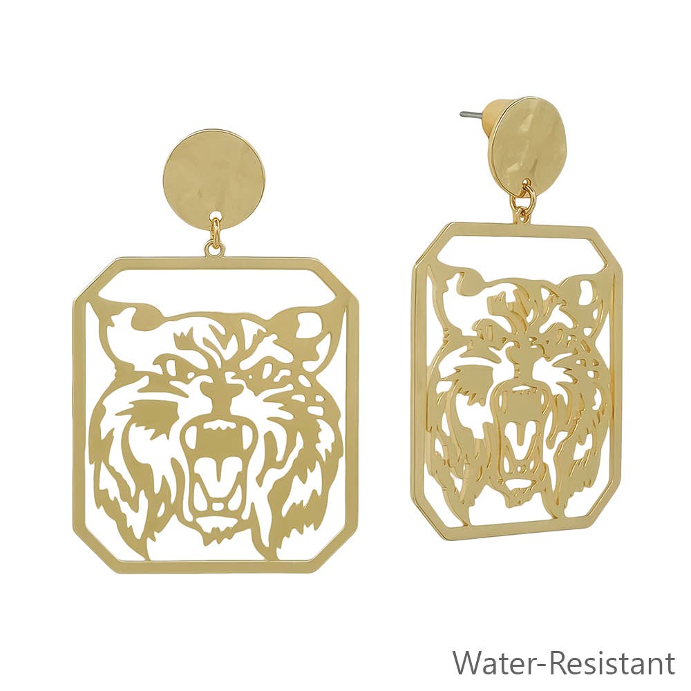 Gold water-resistant wildcat cutout game day earrings with circle posts