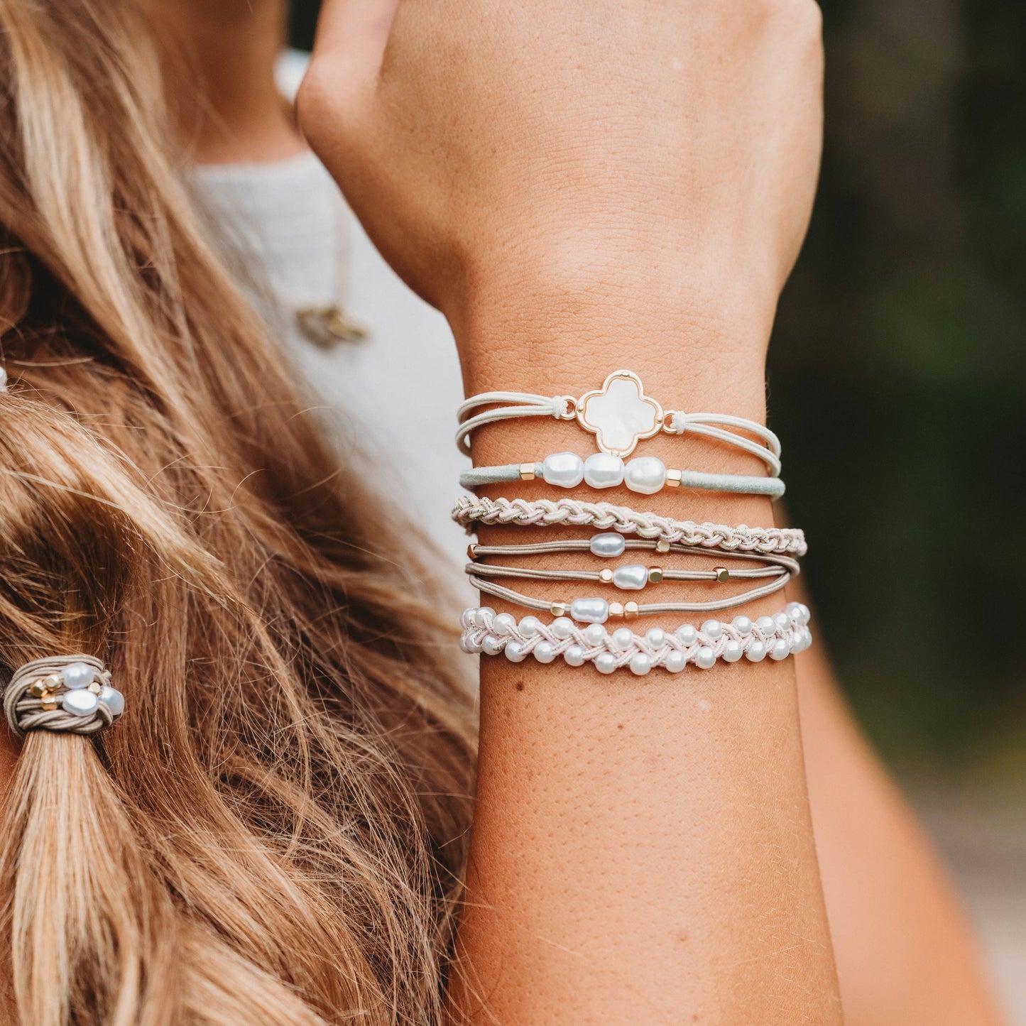 K’Lani Glimmer Soft Pinks with Pearl and Gold Accent Hair Tie Bracelets