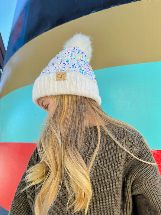 C.C. Kids Sequin Faux Fur Pom Beanie