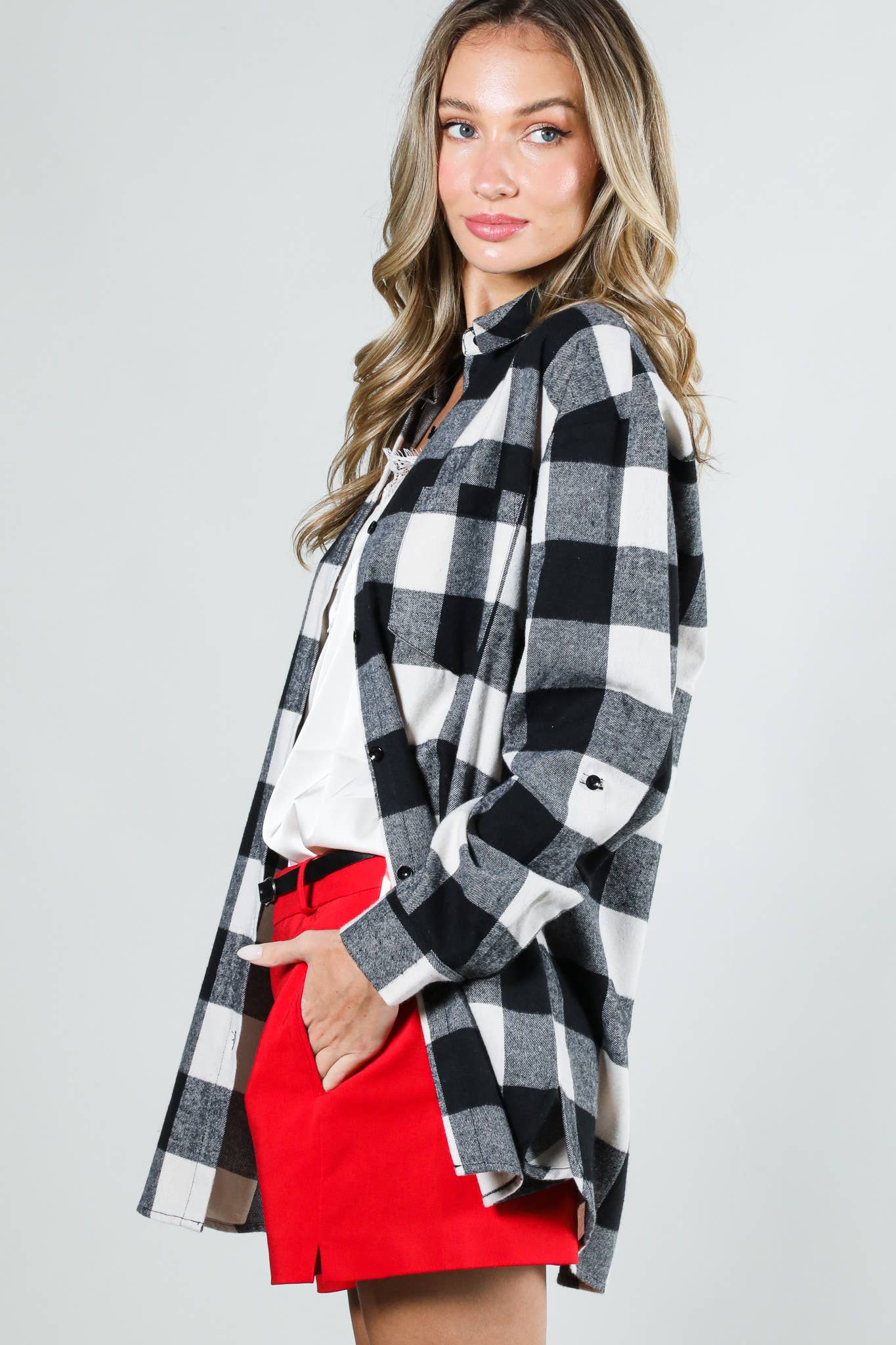 Collared Neck Pocket Detail Oversized Plaid