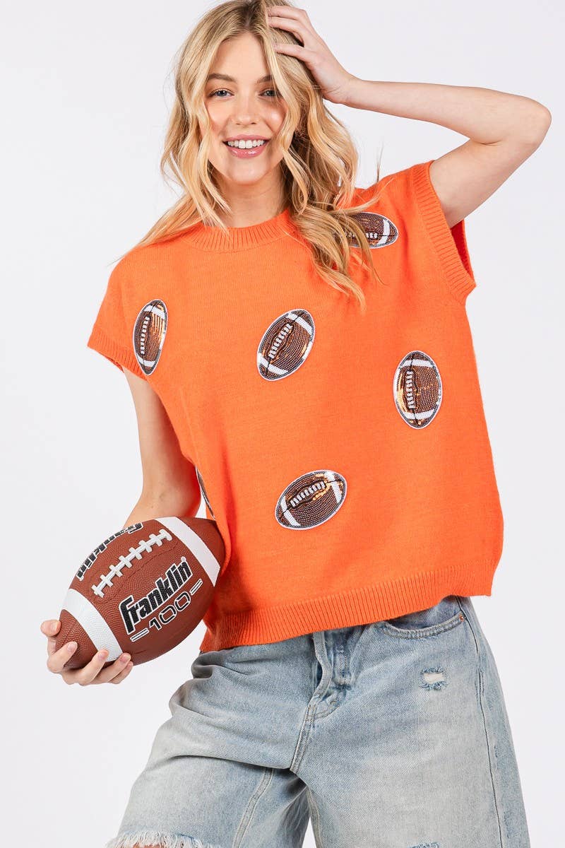 Orange Football Sequin Patch Game Day Top