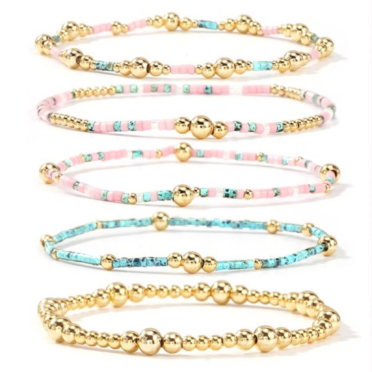 Teal, Pink & Gold Natural Stone Bracelet Set