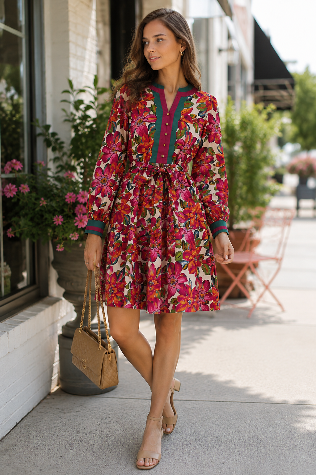 A woman models a knee-length floral dress with a tie waist and colorful trim, walking on a sidewalk next to a storefront.