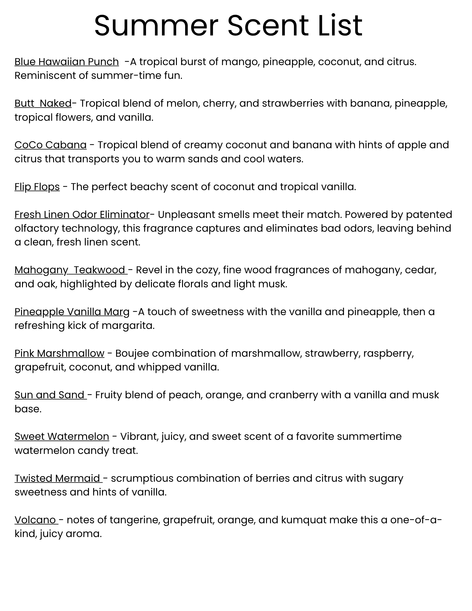 Summer Scent List with various scents and their descriptions on a white background