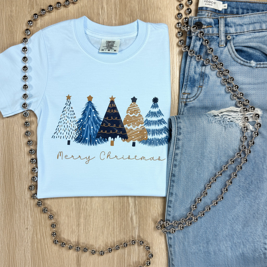 Blue Merry Christmas Tree Short Sleeve Tee
