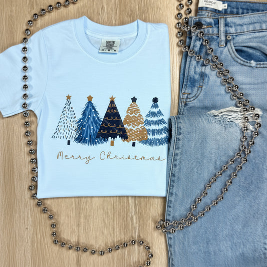 Blue Merry Christmas Tree Short Sleeve Tee