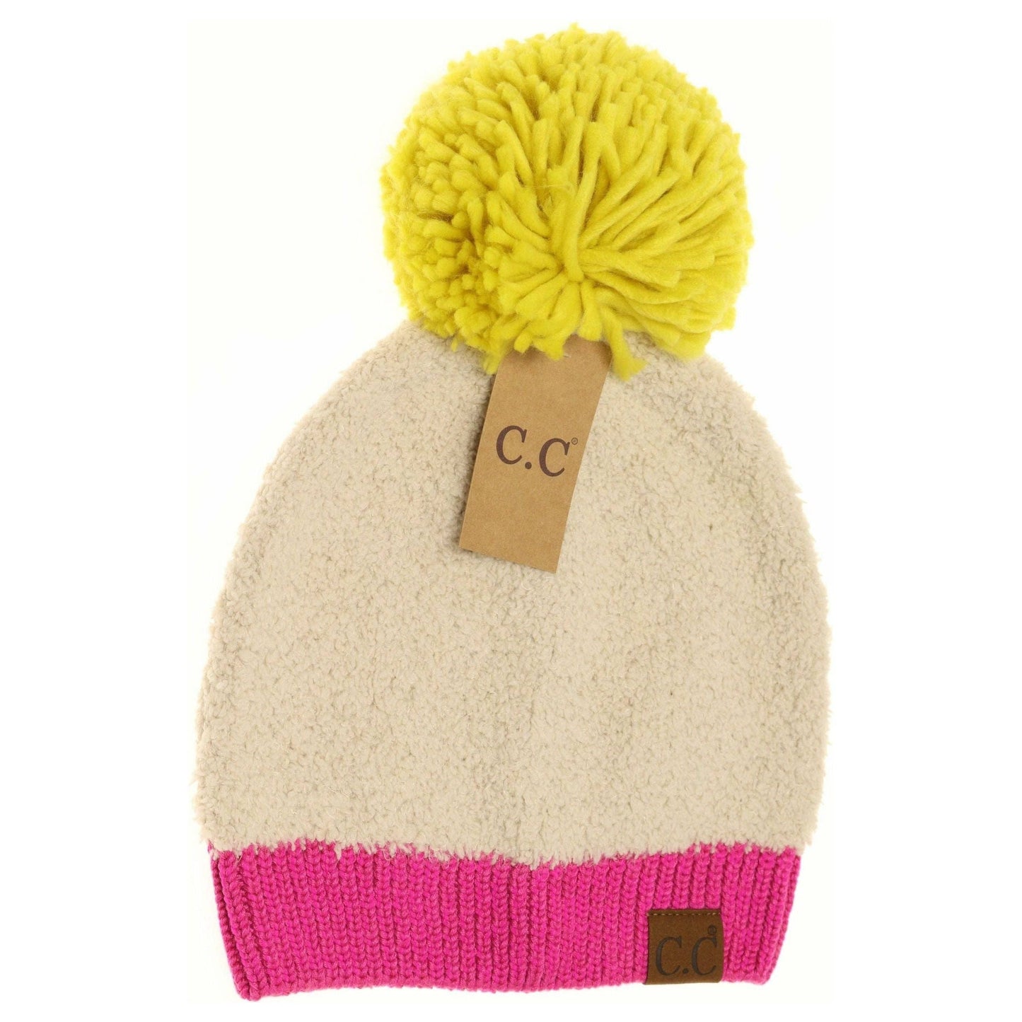 C.C Color Block Knitted Sherpa Pom Beanie