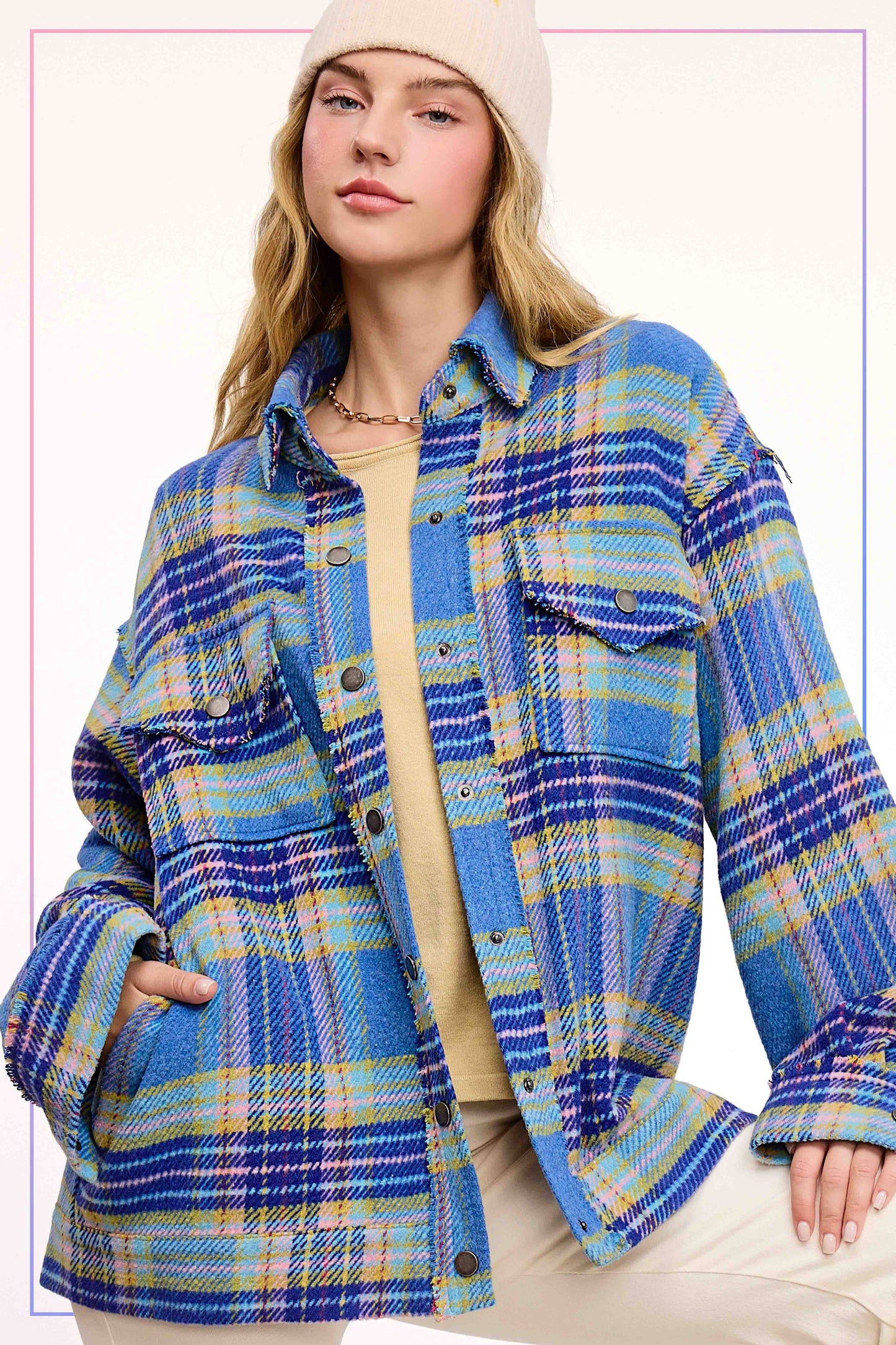 Loose Fit Plaid Button Down Shacket with Pockets