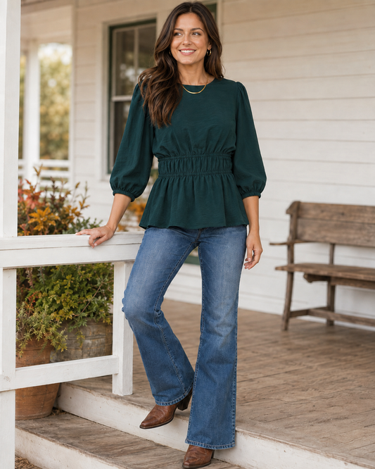 Umgee teal smocked waist peplum blouse, front view