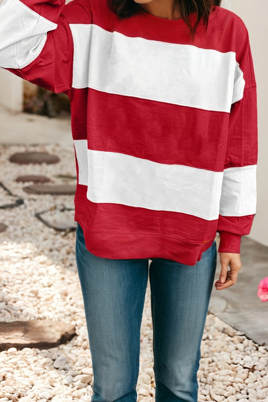 Red & White Stripe Drop Shoulder Baggy Sweatshirt