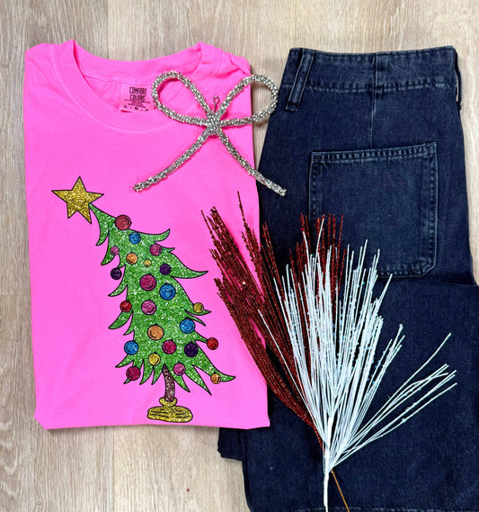 Hot Pink Whimsical Christmas Tree Tee