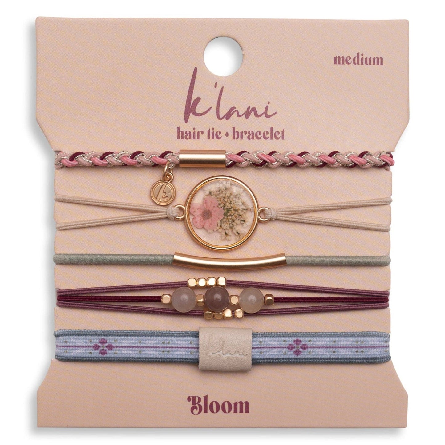 K’Lani Bloom Maroon and Pink with Pressed Flowers Hair Tie Bracelets