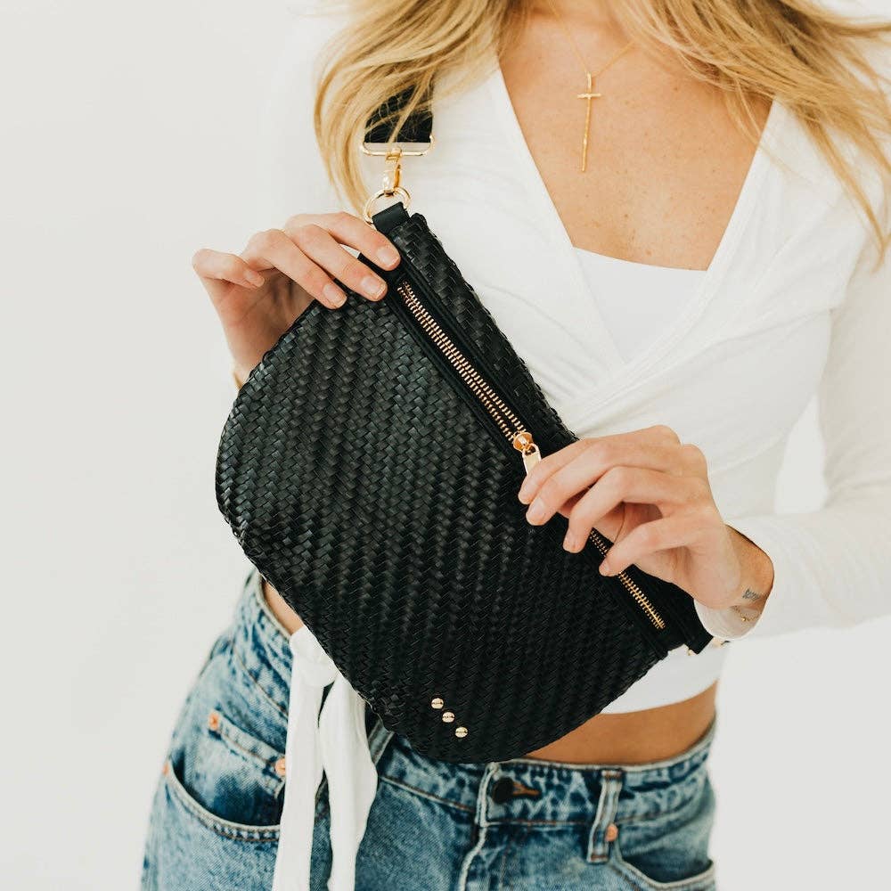 Pretty Simple Diagonal Woven Westlyn belt bag styled on model