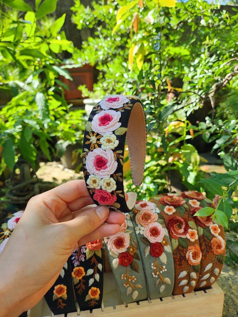 Linen 3D Floral Embroidered Headband- The Lainey Collection