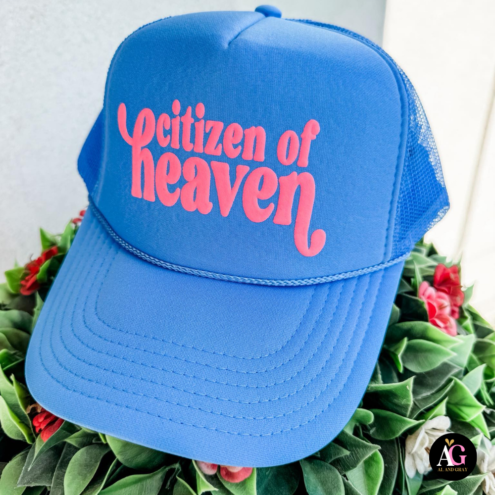 Blue cap with 'Citizen of Heaven' text on a floral background